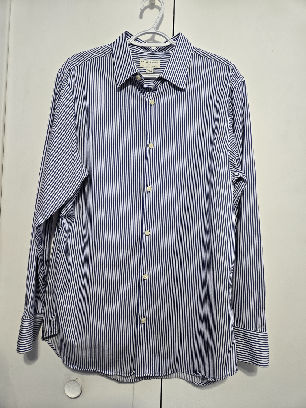 Banana Republic Non Iron Slim Fit Blue Stripe Dress Shirt 16-16.5 Large